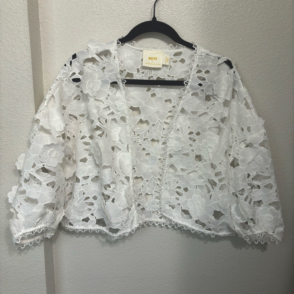 MAEVE Anthropologie White Floral Appliqué Jacket